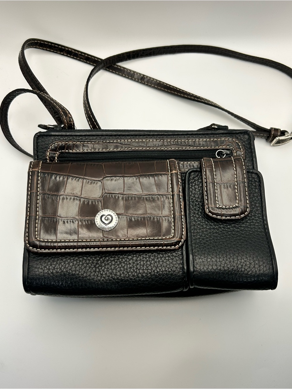 Brighton Vintage Pebble Leather Crossbody Purse Two-tone Black Brown Organizer - Picture 16 of 16